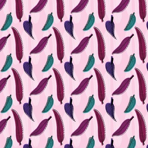 Coloured Feathers on pink background 