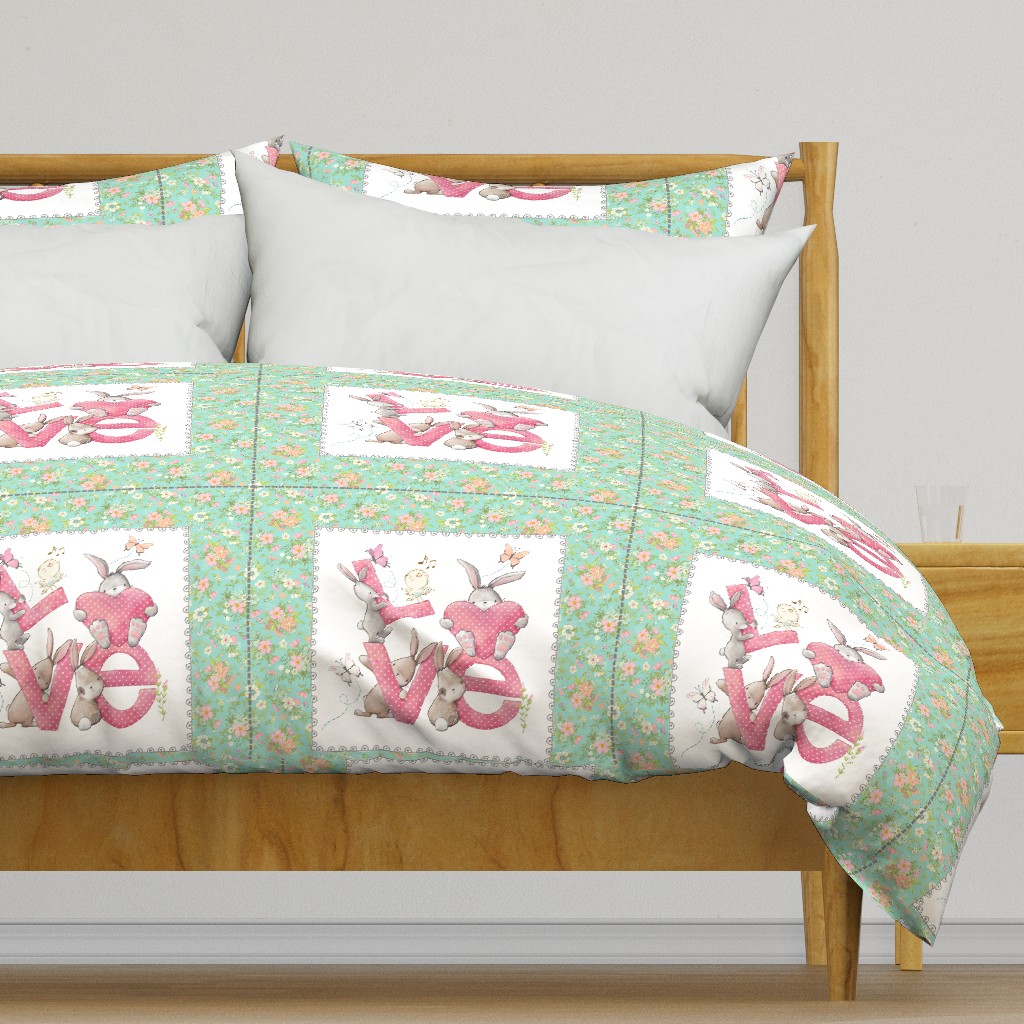 18” Bunnies LOVE Pillow Front with dotted cutting lines, Nursery Bedding, sea flower // Love Some Bunny collection