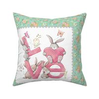18” Bunnies LOVE Pillow Front with dotted cutting lines, Nursery Bedding, sea flower // Love Some Bunny collection