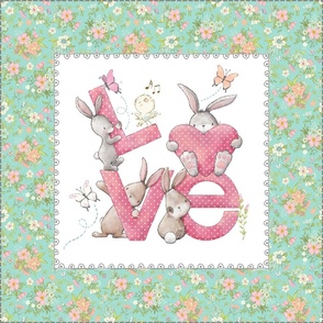 18” Bunnies LOVE Pillow Front with dotted cutting lines, Nursery Bedding, sea flower // Love Some Bunny collection