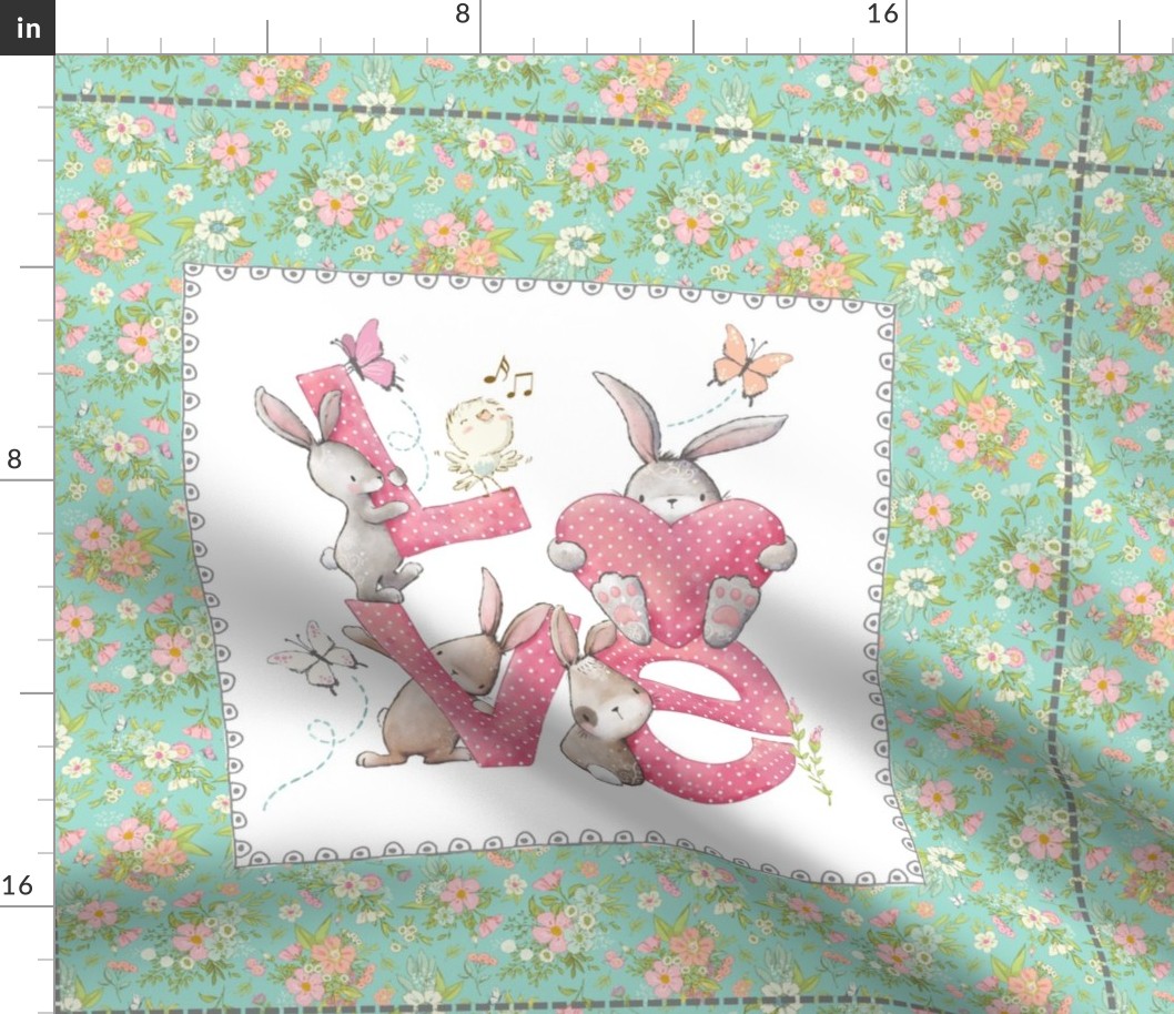 18” Bunnies LOVE Pillow Front with dotted cutting lines, Nursery Bedding, sea flower // Love Some Bunny collection