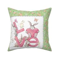 18” Bunnies LOVE Pillow Front with dotted cutting lines, Nursery Bedding, basil // Love Some Bunny collection