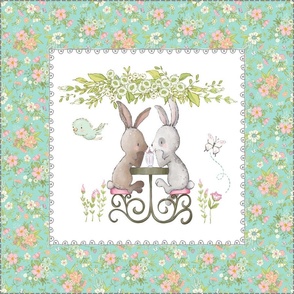 18” Bunnies Sharing a Sundae Pillow Front with dotted cutting lines, Nursery Bedding, sea flower // Love Some Bunny collection