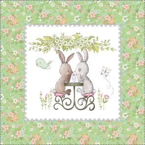 18” Bunnies Sharing a Sundae Pillow Front with dotted cutting lines, Nursery Bedding, basil // Love Some Bunny collection