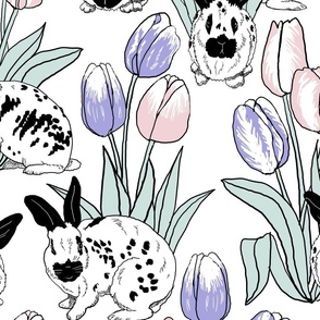 Rabbits and tulips on white 24x24