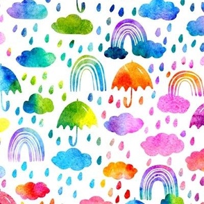 Watercolor Rainy Day Rainbow Umbrellas