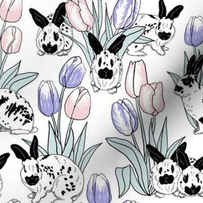 Rabbits and tulips on white 8x8