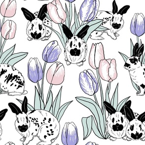 Rabbits and tulips on white 18x18