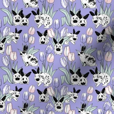 Rabbits and tulips on lilac 4x4