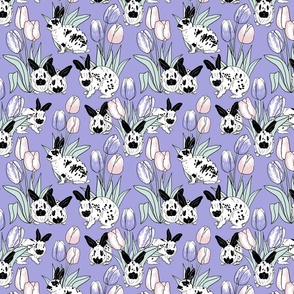 Rabbits and tulips on lilac 8x8