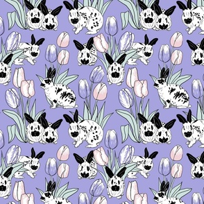 Rabbits and tulips on lilac 10x10