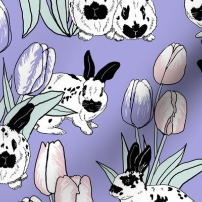 Rabbits and tulips on lilac 12x12