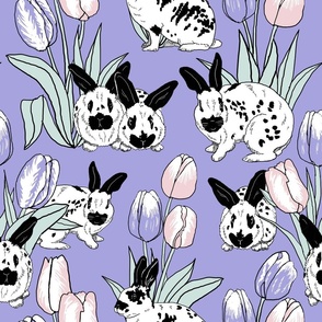 Rabbits and tulips on lilac 18x18