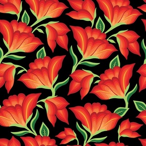 Orange Flower Pattern in Black Background