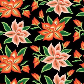 Orange Flower Pattern in Black Background
