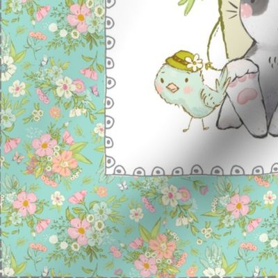 18” Bunnies + Flower Pail Pillow Front with dotted cutting lines, Nursery Bedding, sea flower // Love Some Bunny collection