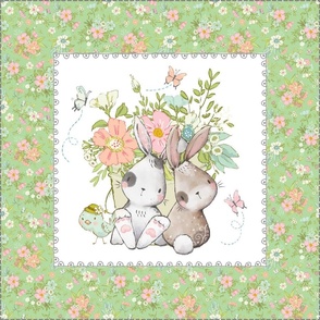 18” Bunnies + Flower Pail Pillow Front with dotted cutting lines, Nursery Bedding, basil // Love Some Bunny collection