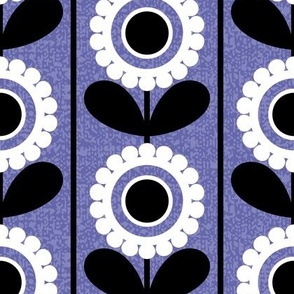 Periwinkle Scallop Circle Flowers with Vertical Black Thin Stripes and Texture // Black and White // V1 // 500 DPI
