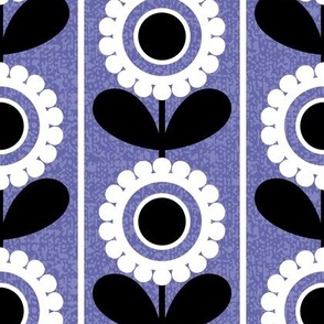 Periwinkle Scallop Circle Flowers with Vertical White Thin Stripes and Texture // Black and White // V2 // 500 DPI