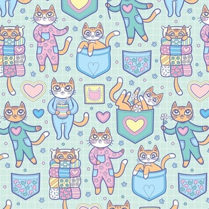 Cats Pajama Pockets in Minty Orange Tabbies