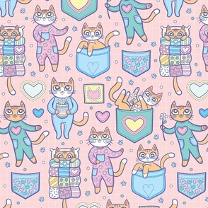 Cats Pajama Pockets in Pink Orange Tabbies
