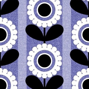 Periwinkle Scallop Circle Flowers with Vertical Lavender Stripes and Texture // Black and White // V3 // 500 DPI