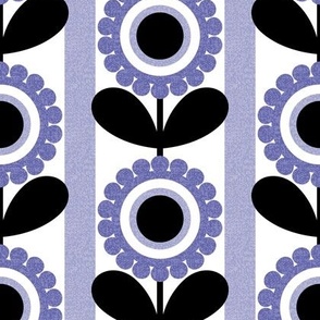 Periwinkle Scallop Circle Flowers with Vertical Lavender Stripes and Texture // Black and White // V4 // 500 DPI