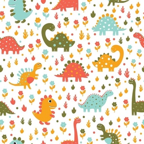 Happy Dinosaurs - Whimsical - Tyrannosaurus - Teal - Olive Green - Playful - Fossils - Kids - Trex - Jurassic
