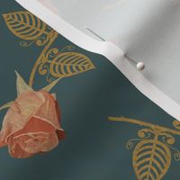Nouveau Steampunk Rose on antique teal blue 5 with overlay - med