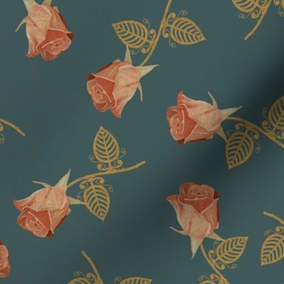 Nouveau Steampunk Rose on antique teal blue 5 with overlay - med