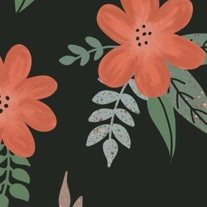 536 - Tropical bloom in orange, taupe and sage green on a deep green-black background: large scale for home decor and colonial-era projects.