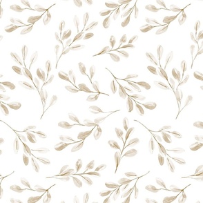 Boho Beige Watercolor Leaves on Plain White Neutral Nursery