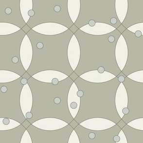 overlapping rings in white with grey dots on artichoke green