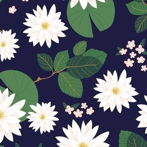 Lovely waterlilies  lotus flower and leaves tropical pond blossom themes green white on navy blue night 