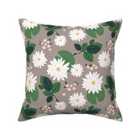 Lovely  lotus flower waterlilies and leaves tropical pond blossom themes green white on latte beige neutral 