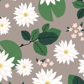 Lovely  lotus flower waterlilies and leaves tropical pond blossom themes green white on latte beige neutral 