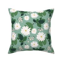 Lovely waterlilies  lotus flower  and leaves tropical pond blossom themes green white on mint 