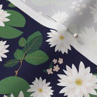 Lovely waterlilies  lotus flower and leaves tropical pond blossom themes green white on navy blue night  SMALL 