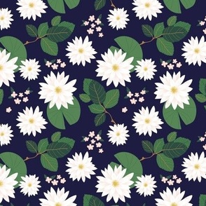 Lovely waterlilies  lotus flower and leaves tropical pond blossom themes green white on navy blue night  SMALL 
