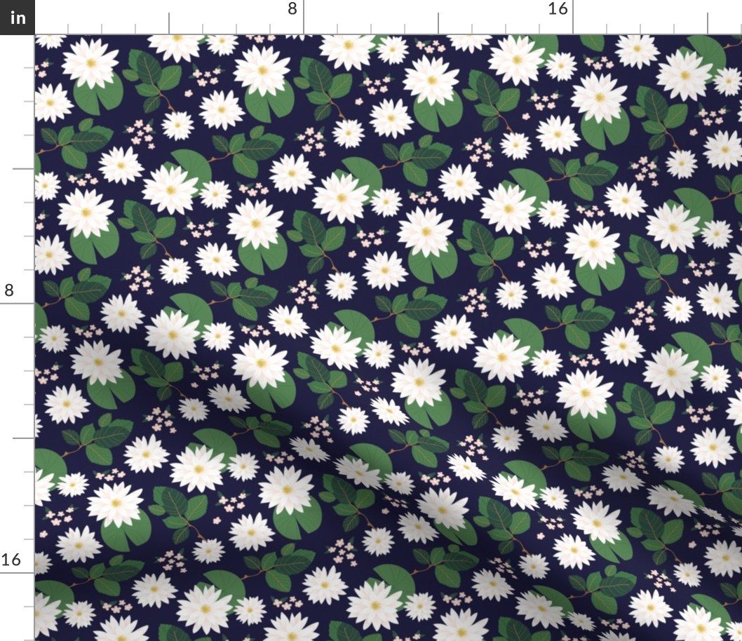 Lovely waterlilies  lotus flower and leaves tropical pond blossom themes green white on navy blue night  SMALL 