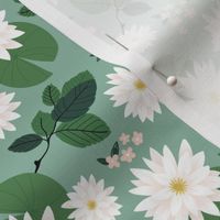 Lovely waterlilies lotus flower and leaves tropical pond blossom themes green white on mint  SMALL