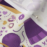 Small scale // Knitting party // romance white background monochromatic purple and gold knit motifs