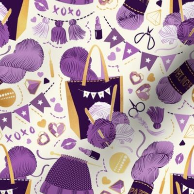 Small scale // Knitting party // romance white background monochromatic purple and gold knit motifs