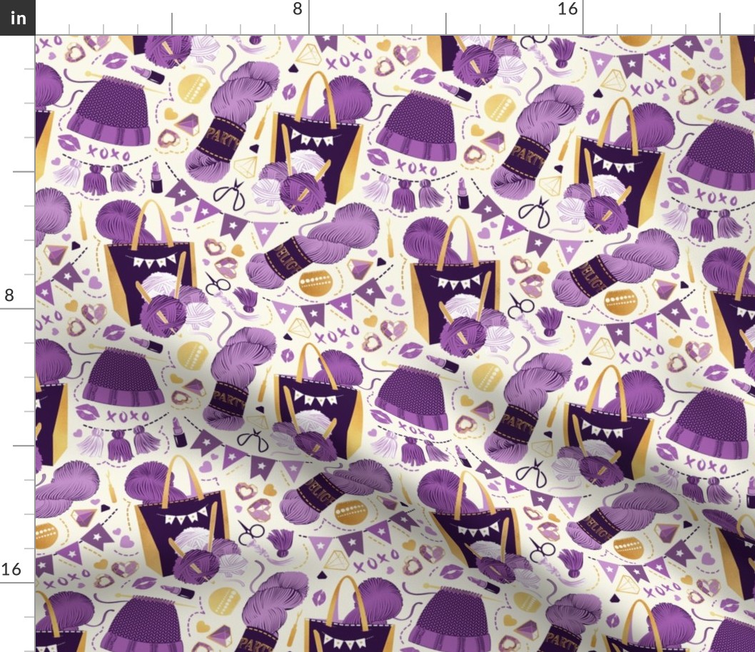 Small scale // Knitting party // romance white background monochromatic purple and gold knit motifs