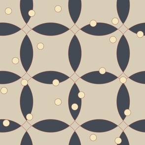 overlapping rings in taupe with yellow dots on light tan brown