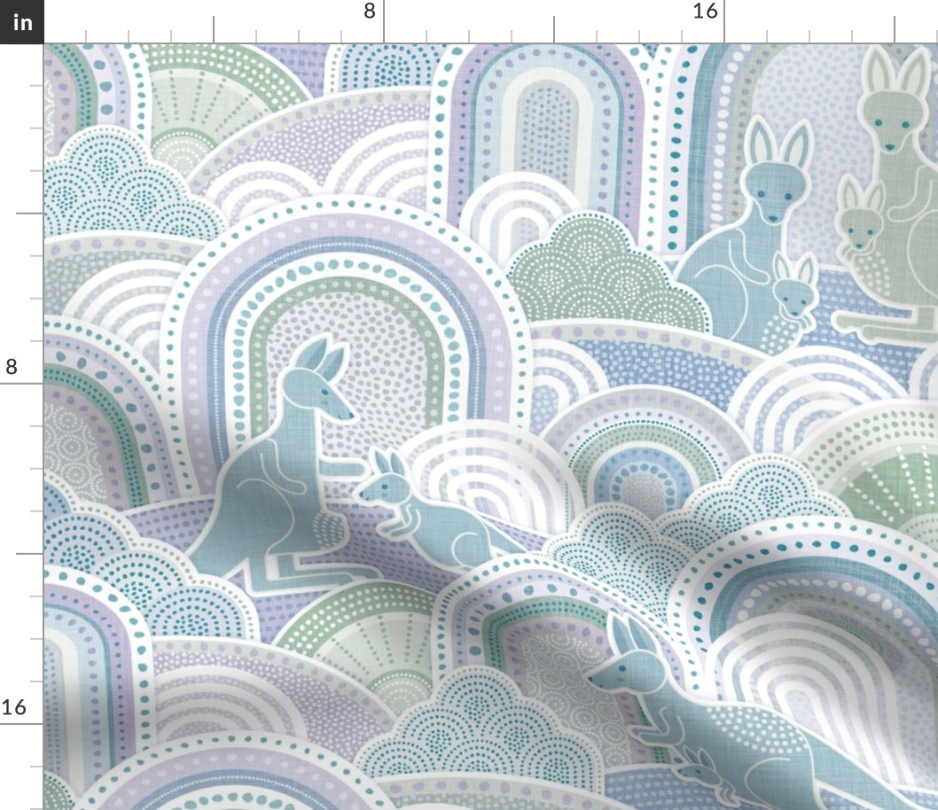 Mama Kangaroo- Cold Pastel Colors- Large- Australia- Animals- Australian Wildlife- Blue- Green- Lilac- Teal- Baby Girl Wallpaper- Kangaroo Fabric