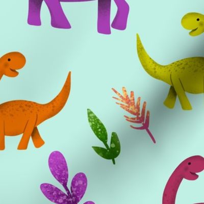 Medium - Sweet Rainbow Dinos with Plants on Mint