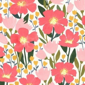 Pink and Yellow Flowers | Medium | Hand-Painted Floral Pattern in Coral, Blush and Yellow