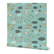 Wooden Fish on Turquoise Aqua Blue Large Scale