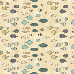 Wooden Fish on Light Yellow , Teal, Small Scale